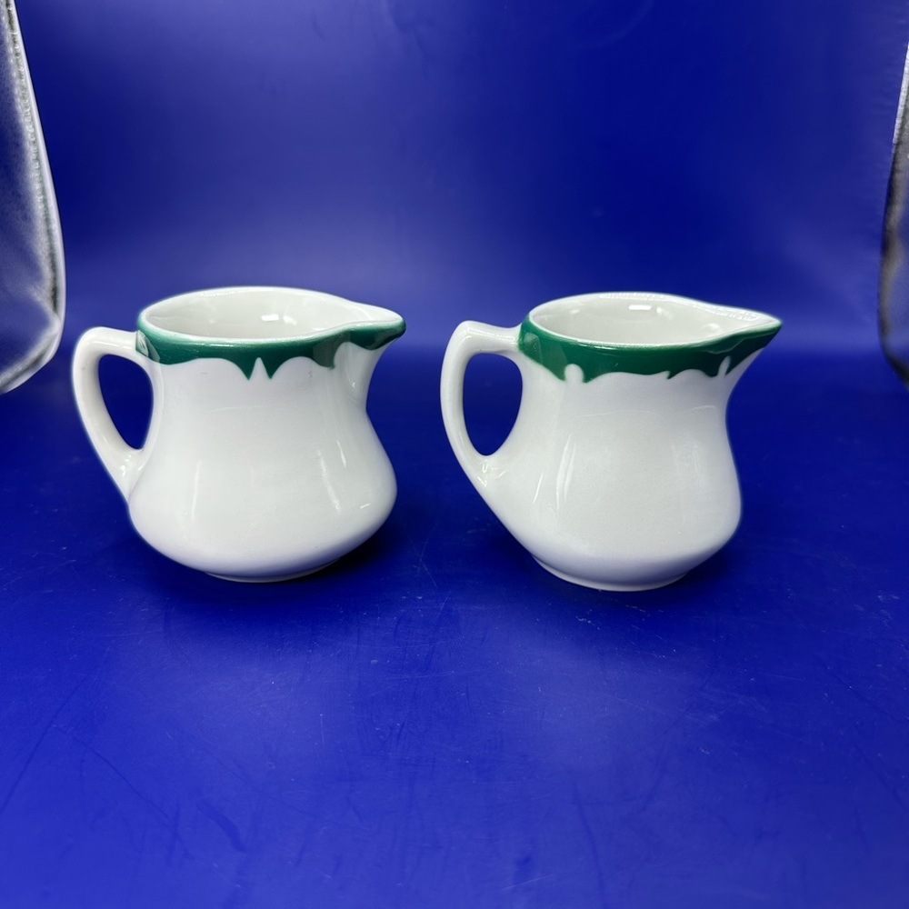Set of 2 Vintage Restaurant Ware White and Green Creamers.
